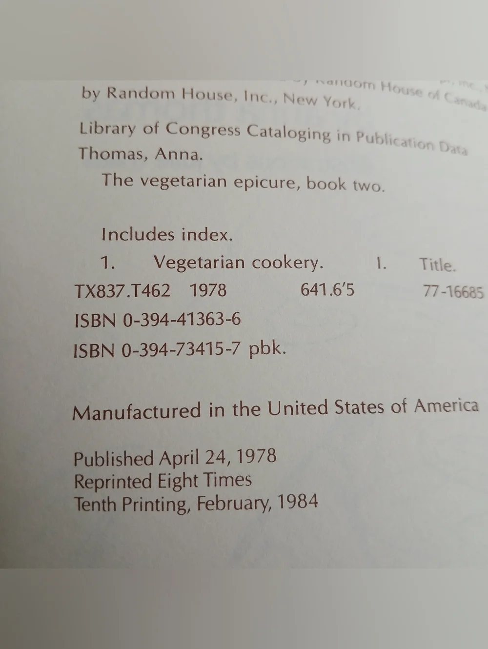 The Vegetarian Epicure Book Two by Anna Thomas Cookbook Paperback Softcover